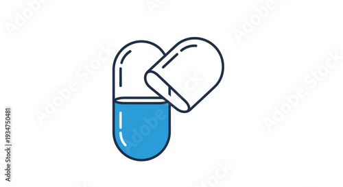 Illustration Of A Blue And White Medical Capsule, Open, Isolated On White Background