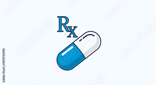 Illustration Of A Blue And White Capsule With Prescription Symbol, Isolated On White
