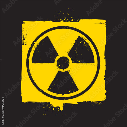 Grunge style vector illustration of radioactive hazard symbol in black on a yellow background. Radioactive stencil. Bold industrial design isolated on dark background.