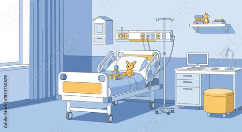 Illustration Of A Child's Hospital Room With A Bed And Toys For Recovery And Treatment