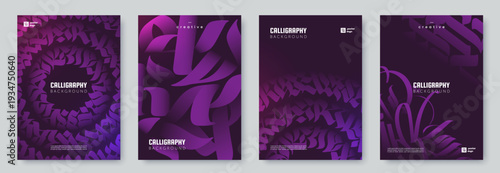 Set of modern gothic calligraphy poster templates with abstract 3D lettering composition in deep purple tones. Creative typographic backgrounds. Ideal for branding, covers, flyers, and social media