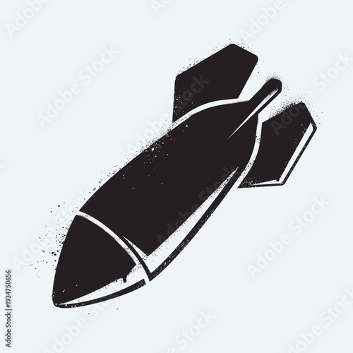 Stylized black vector illustration of modern aerial bomb with a grunge spray texture. Stencil of military missile bomb. Suitable for war, danger, or explosion concepts.