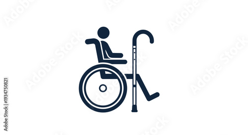 Illustration Of A Disabled Person In A Wheelchair With The Use Of A Cane And Assistance