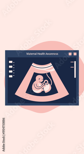 Illustration Of A Fetus Inside The Womb Displayed On A Sonogram For Maternal Health Awareness