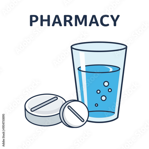Illustration Of A Glass With Water, Tablets, And Pharmacy Text For Health And Wellness