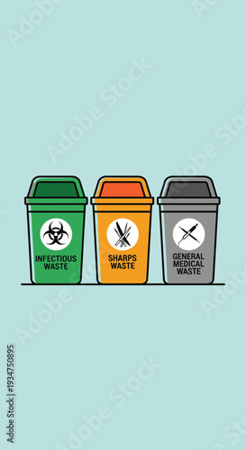 Illustration Depicting Proper Disposal Of Infectious, Sharp, And General Medical Waste