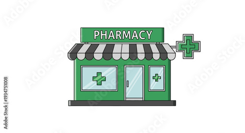 Illustration Of A Green Pharmacy Building With A White Background, Suitable For Many Uses