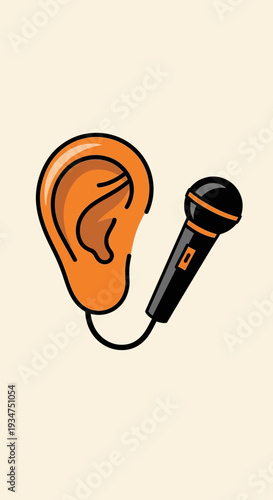 Illustration Depicting Sound's Capture: An Ear Connected To A Microphone Device for Audio Recording