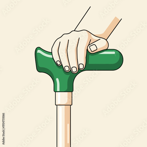 Illustration Of A Hand Gripping A Green Cane Handle, Promoting Mobility And Support