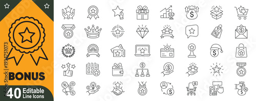Bonus line icons set. Editable stroke outline vector collection for rewards, incentives, commission and loyalty programs.