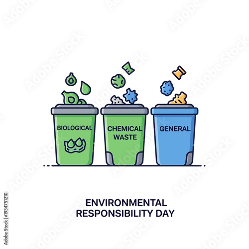Illustration Depicting Waste Segregation With Labeled Bins For Biological, Chemical, And General