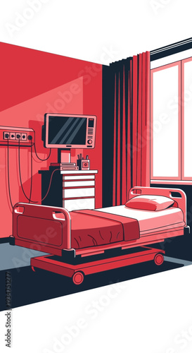 Illustration Of A Hospital Room Depicting A Patient Bed And Medical Equipment In Red Tones
