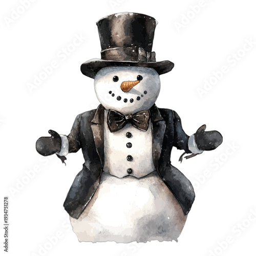 Watercolor Dapper Snowman wearing Black Top Hat and Tuxedo Jacket Winter Clipart