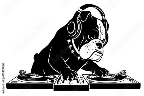 Cool Bulldog DJ Playing Music on Turntables Party Animal Musician Black Vector Silhouette Isolated on White