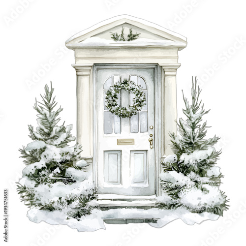 Watercolor Winter Front Door with Wreath and Snowy Pine Trees Architecture Clipart
