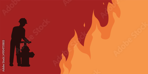 Firefighting with fire hydrant. Bright poster on fire safety with copy space. Vector illustration in flat style.