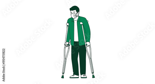 Illustration Of A Masked Person On Crutches Showing Potential Injury Or Illness Recovery