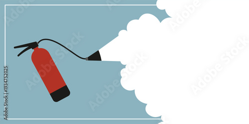 Poster for fire-fighting stand. Red fire extinguisher sprays foam on blue background. Vector flat illustration