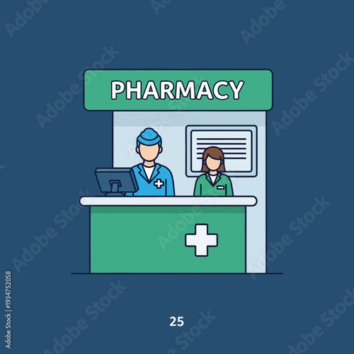 Illustration Of A Modern Pharmacy Featuring Pharmacists, Design Aesthetics And Healthcare