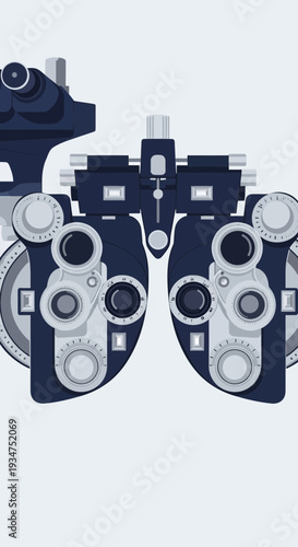 Illustration Of A Modern Phoropter Instrument Against A Light Grey Backdrop Demonstrating Eye Care