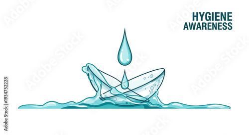 Illustration Of A Paper Boat Floating On Water With Droplets, Hygiene Awareness Concept