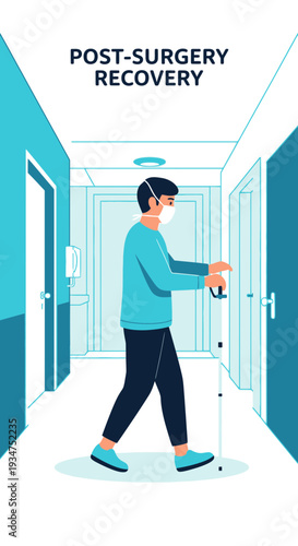Illustration of a Patient Walking in Hospital After Surgery with Medical Assistance Required