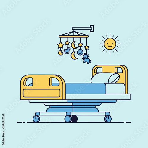 Illustration of a Pediatric Hospital Bed with a Charming Mobile and Sunshine Design