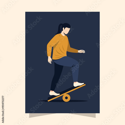 Illustration Of A Person Balancing On A Skateboard Displayed Against A Dark Blue Background