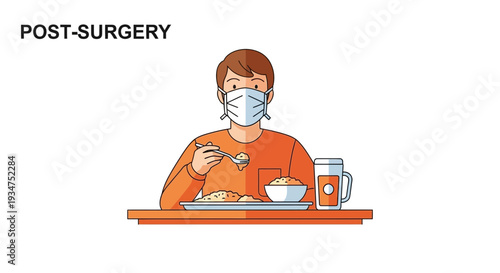 Illustration Of A Person Eating After Surgery While Wearing A Mask For Recovery