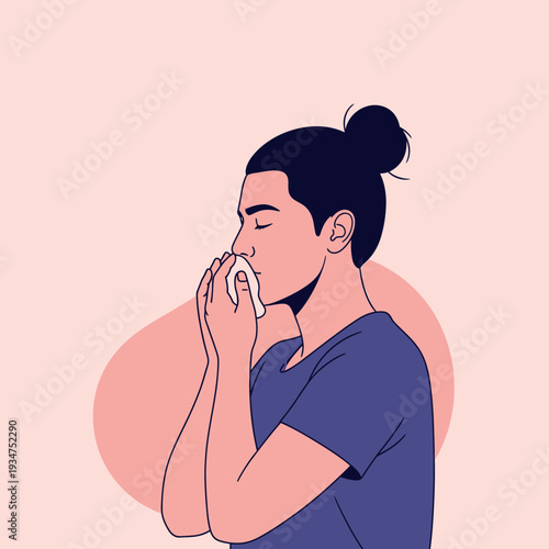 Illustration Of A Person Blowing Their Nose Into A Tissue On A Soft Pastel Background