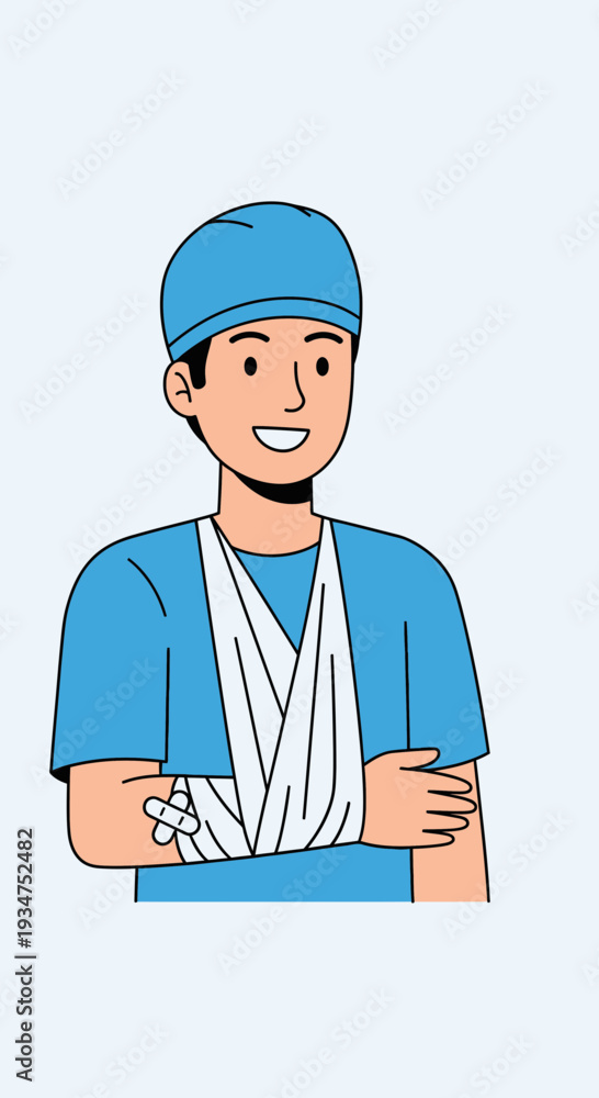 Fototapeta premium Illustration Of A Person With A Bandaged Arm In A Medical Setting Showing Recovery