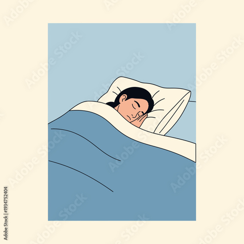 Illustration Of A Person Sleeping Peacefully In Bed With A Soft Comforter And Pillow