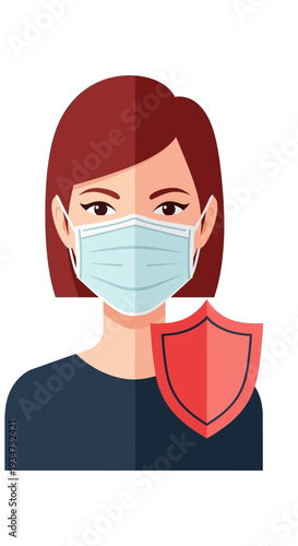 Illustration Of A Person Wearing A Face Mask With A Symbolic Shield, Protection Concept