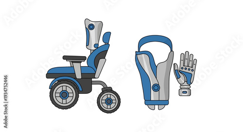Illustration Of A Mobility Wheelchair, Prosthetic Arm, And Robotic Hand For Healthcare
