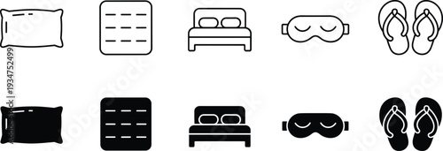 Bedroom and sleep line icons set, pillow blanket bed eye mask slippers isolated on white background