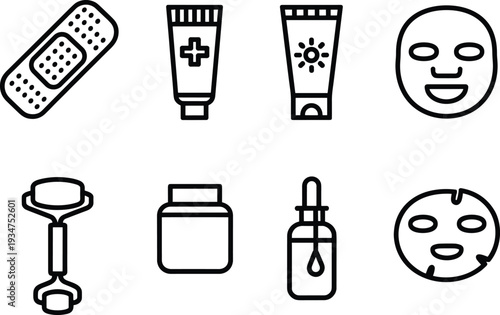Skincare and cosmetic line icons set, bandage cream sunscreen serum roller face mask isolated on white background
