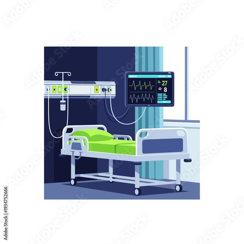 Illustration of a Modern Hospital Room Depicting Medical Equipment and Patient Bed