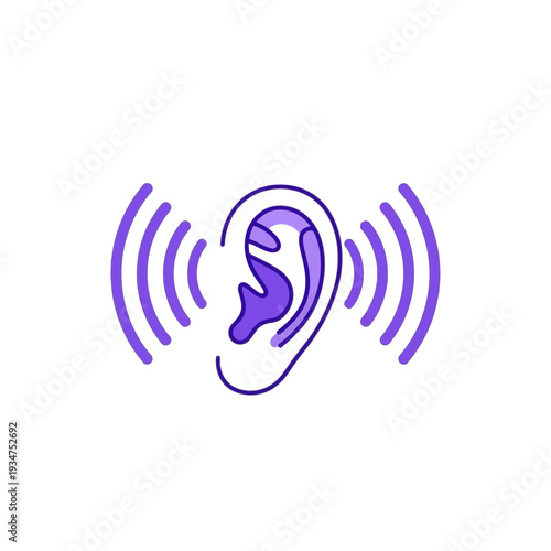 Illustration of a Purple Ear Symbolizing Auditory Perception and Sound Waves Representation