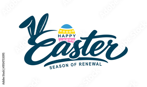 Happy Easter logo design with bold typography and colorful egg illustration for season of renewal
