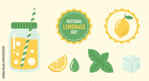 National Lemonade Day illustration with lemon, mint, and ice.