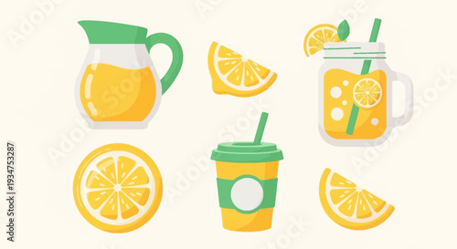 Freshly squeezed orange juice in various containers and slices.