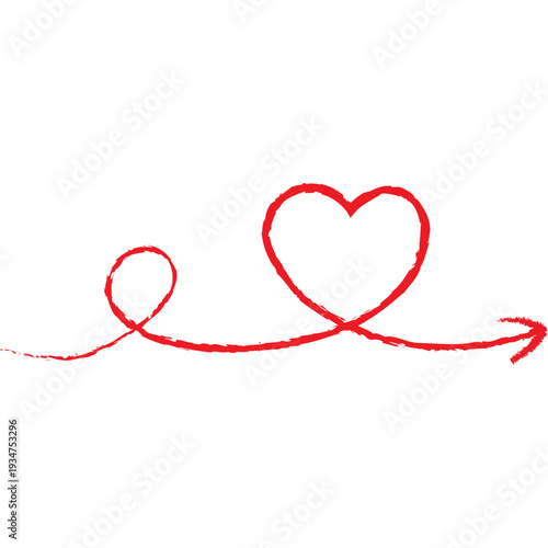 Hand drawn red arrow with heart shape. Doodle arrow in crayon style. Vector isolated illustration.