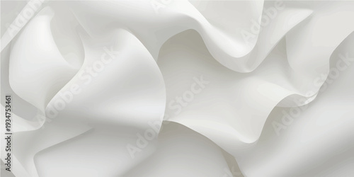The soft and shiny fabric of white silk creates elegant folds and gentle waves, reflecting light in a luxurious and mesmerizing abstract design.