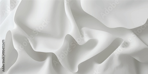 Smooth white satin fabric flows dynamically with soft folds and curves. Abstract textile waves move gently creating elegant abstract shapes. This silky material creates luxurious and clean background.