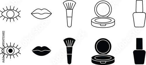 Beauty and makeup line and solid icons set, eye lips brush powder compact nail polish isolated on white background