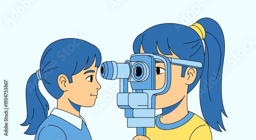 Illustration Of A Young Girl Having Her Eyes Examined With Diagnostic Equipment