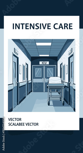 Illustration Of An Intensive Care Unit Corridor With Empty Gurney And Doors Aligned