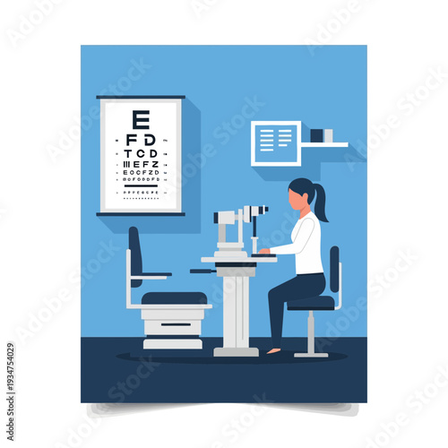 Illustration Of An Optometrist Conducting An Eye Exam In A Bright And Modern Clinic Setting