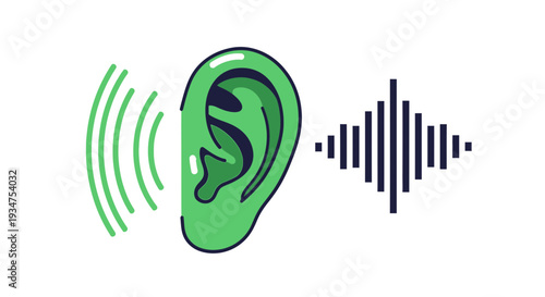 Illustration Of An Ear And Sound Waves Symbolizing Sound, Hearing, and Communication