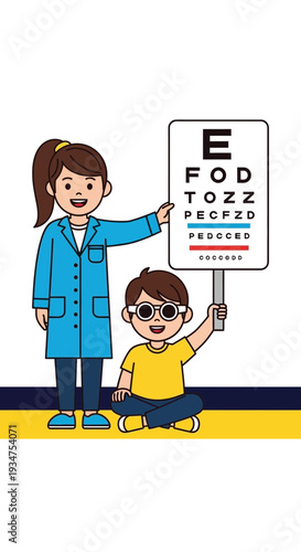 Illustration Of An Optometrist With A Young Patient During An Eye Examination, Vector Art